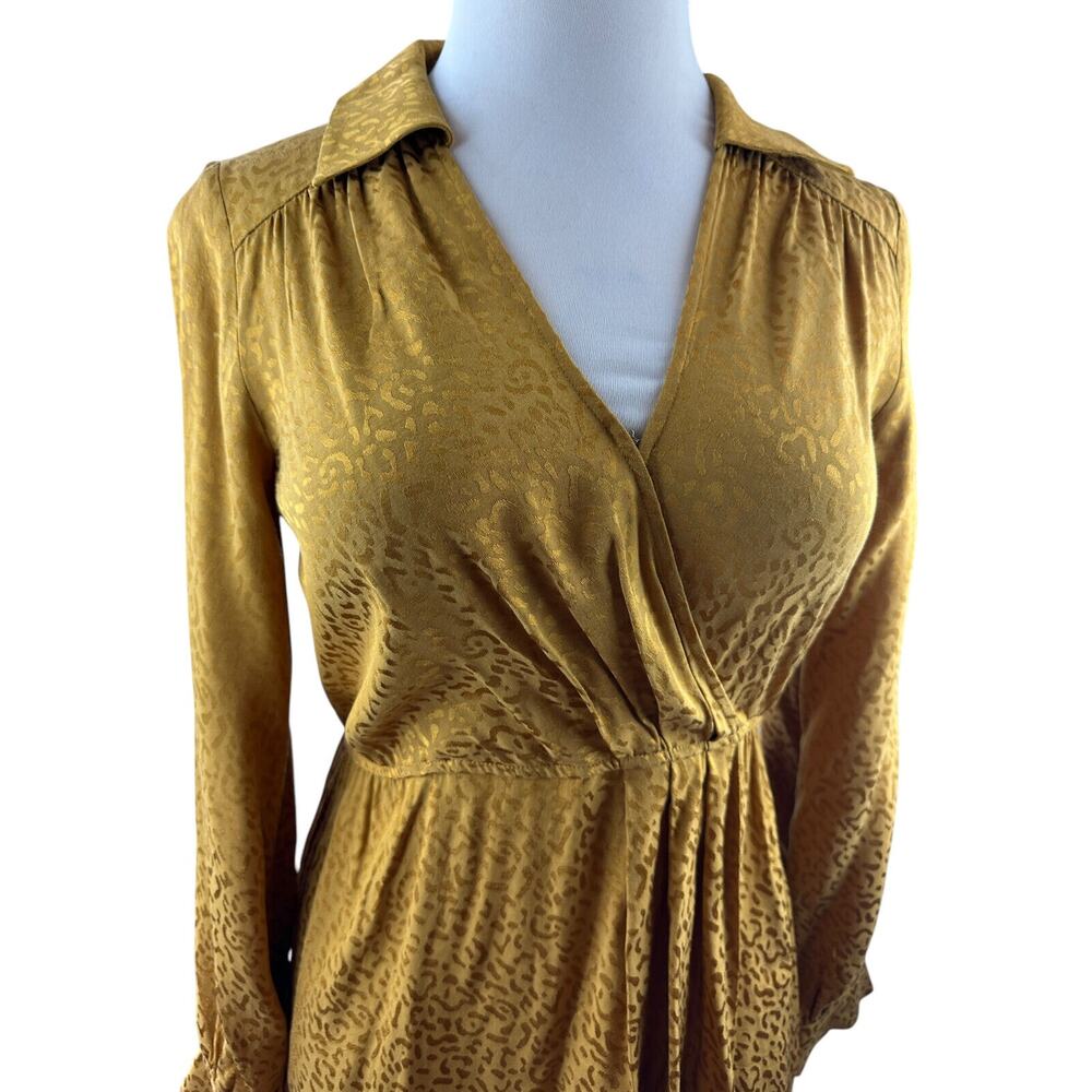 Anthropologie Long Sleeve Mini Dress Bronze Leopard Print Faux Wrap Size Small - Picture 4 of 16
